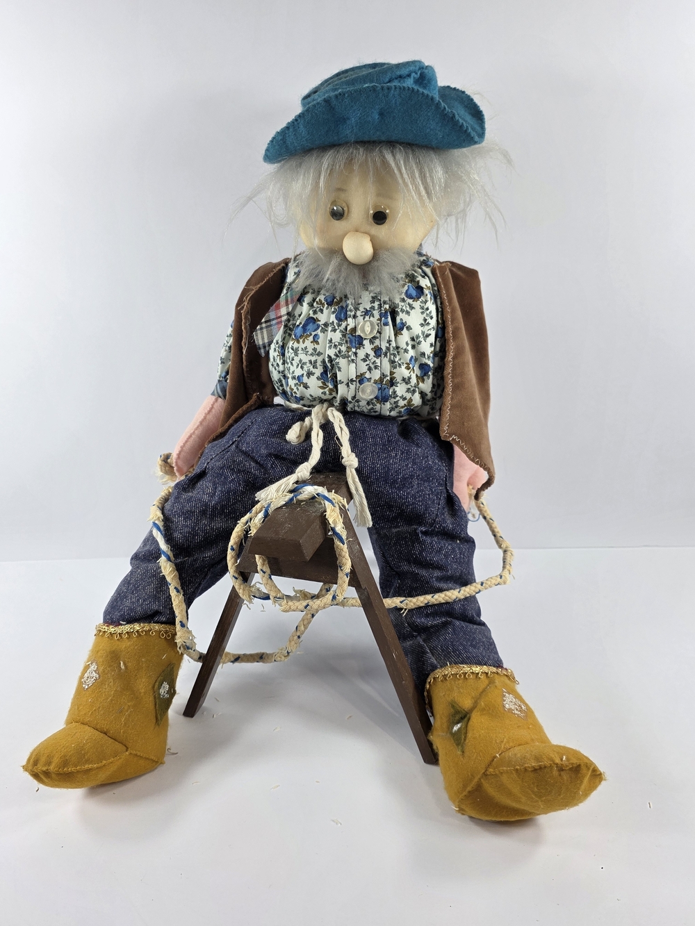 Vintage Folk Art Cloth Doll Grandpa Prospector Cowboy